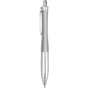 A metal pen with a grey grip and chrome accents, featuring a clip and a transparent barrel.