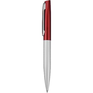 A metal pen with a red upper section and a silver lower section, featuring a clip and a sleek design.