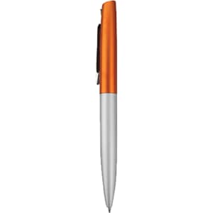 A metal pen with an orange upper section and a silver lower section. The pen features a clip and branding.