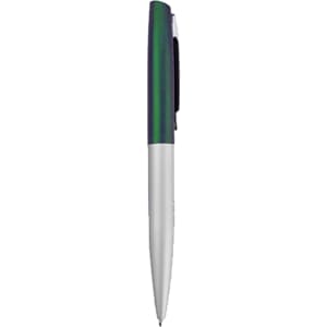 A metal pen with a green and navy striped design and a silver tip. It features a clip and branding.