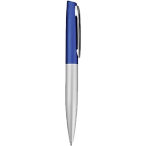 A metal pen in blue and silver, featuring a clip and a sleek design. It has a branding logo on the barrel.