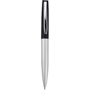 A metal pen in silver and black with a sleek design and a logo on the barrel.