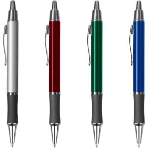 A collection of four metal pens in silver, burgundy, green, and blue, each featuring a clip and black grip.