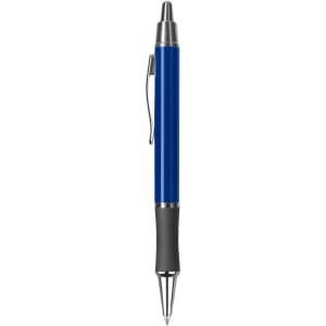 A blue metal pen with a silver clip and black grip, featuring a logo on its body.