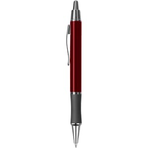 A metal pen in a red finish with a chrome clip and a black rubber grip, featuring a sleek design.