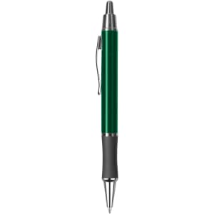 A green metal pen with a silver clip and black grip, featuring a polished finish and a logo.