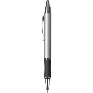 A metal pen with a sleek silver body and a black rubber grip. Features a clip and a shiny tip.