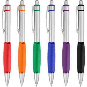 A set of metal pens in six colours: red, orange, green, blue, purple, and black, featuring rubber grips and clips.