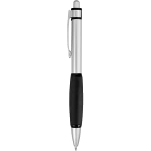 A metal pen with a silver barrel, a black grip, and a clip. It features a branding logo.