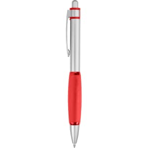 A metal pen with a silver barrel and a red grip, featuring a clip and a branding logo.