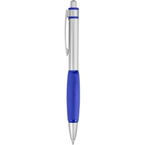 A metal pen featuring a silver barrel and a blue grip, with a clip and a logo.