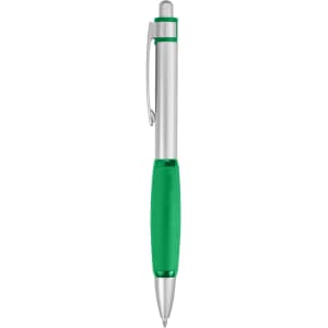 A metal pen in silver with a green grip and a matching green accent, featuring a clip and a branding logo.