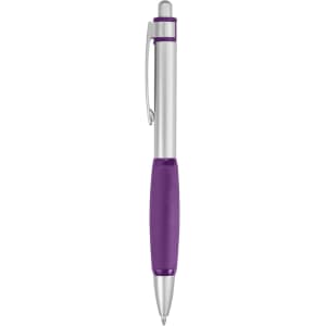 A metal pen featuring a silver barrel and a purple grip, complete with a clip and a branding logo.
