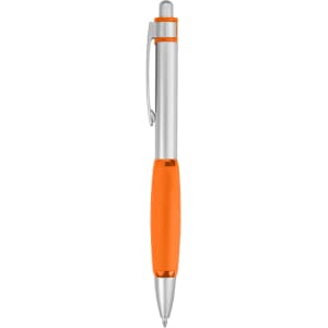 A metal pen featuring a silver barrel with an orange rubber grip and a clip. It has a logo on the side.