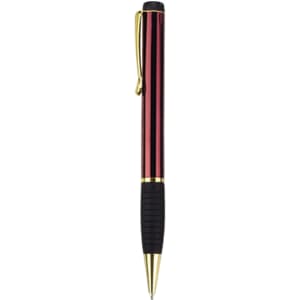 A metal pen in a vibrant red and black design with gold accents, featuring a textured grip and clip.