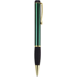 A green and black metal pen with gold accents and a textured grip. The pen features a logo on its body.