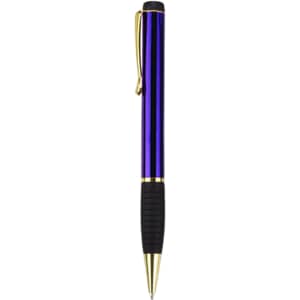 A metal pen with a purple barrel and gold accents, featuring a black rubber grip and a clip.