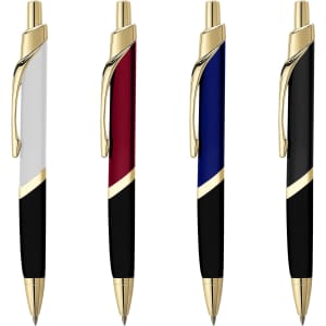 A set of four metal pens in white, burgundy, blue, and black, featuring gold accents and a logo.