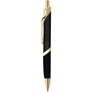 A black metal pen with gold accents and a sleek design, featuring a logo on the body.