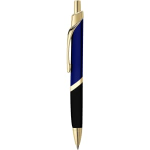A metal pen featuring a blue and black design with gold accents and a logo.