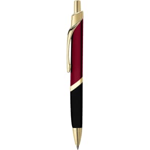 A metal pen in black, red, and gold with a sleek design and a branding logo.