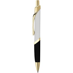 A metal pen in white and black with gold accents, featuring a clip and a sleek design.