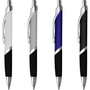 A set of four metal pens in silver, black, and blue with metallic accents and a logo.