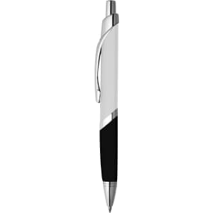 A metallic silver pen with a black grip and chrome accents. The pen features a clip and a sleek design.