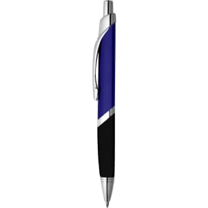 A metal pen in blue and black with silver accents and a clip, featuring a logo.