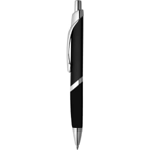 A sleek black metal pen featuring silver accents and a clip, including a logo on the body.