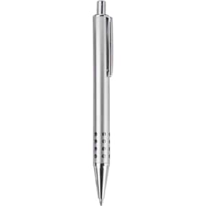 A metal pen in a sleek silver finish with a clip and dotted design on the barrel.