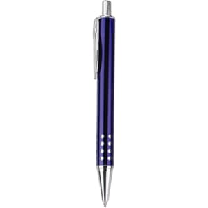 A metal pen in a vibrant purple colour with a polished silver clip and decorative holes on the barrel.