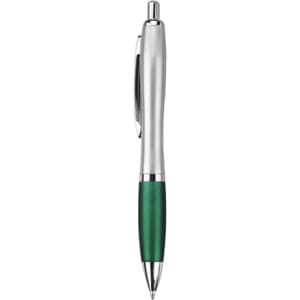A metal pen with a silver body and a green grip, featuring a clip and a logo.