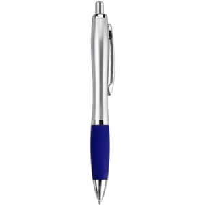 A metal pen with a silver body and a blue rubber grip, featuring a clip and a push mechanism.