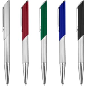 A collection of five metal pens in silver, red, green, blue, and black, featuring sleek designs and clips.