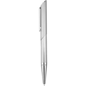 A silver metal pen with a sleek design and a clip, featuring a textured grip and a prominent branding logo.