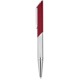 A metal pen featuring a red and silver design, with a sleek body and clip. It has a branding logo.