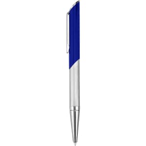 A metal pen with a blue and silver design, featuring a clip and a sleek finish. The pen has branding on it.