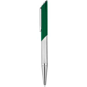 A metal pen with a green and silver design, featuring a clip and a textured grip. It has a logo on the body.