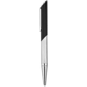 A metal pen in black and silver, featuring a sleek design with a clip and a textured barrel.