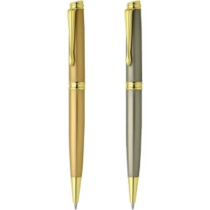Two metal pens are displayed: one in gold and the other in green, both featuring gold accents and a branding logo.