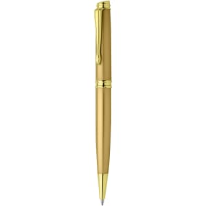 A metal pen in gold with gold accents and a clip. It features a sleek, elegant design.