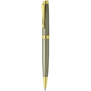 A metal pen in an olive green colour with gold accents and a sleek design, featuring a logo.