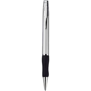 A metal pen in silver with a black grip, featuring a logo on the barrel.