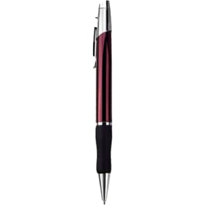 A metal pen with a burgundy and silver finish, featuring a black rubber grip and a logo on the barrel.