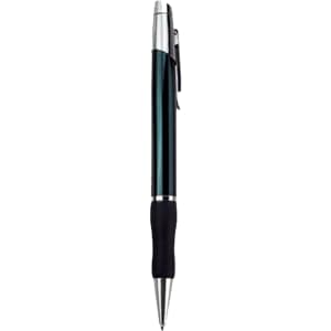 A metal pen with a dark green barrel, silver accents, and a black rubber grip, featuring a logo.