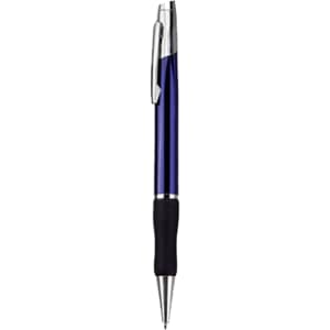 A metal pen in a deep blue colour with a silver clip and a black rubber grip. Features a branding logo.