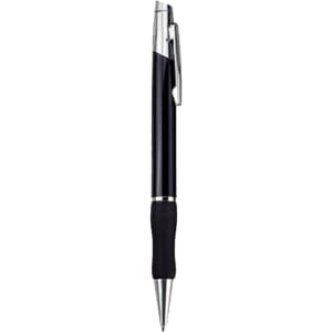 A metal pen in black with a silver clip and grip section, featuring a logo on the barrel.