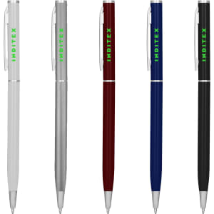 Five metal pens in silver, grey, burgundy, blue, and black, each featuring a logo.
