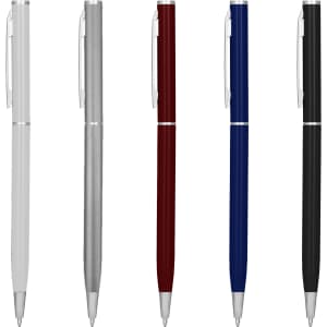 A collection of four metal pens in silver, burgundy, blue, and black, each featuring a clip and a logo.
